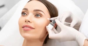 New ProjeClose-up of a young woman receiving a temple_outer eye Xeomin injection in Hammond, LA from a gloved practitioner holding a syringe and vial.ct