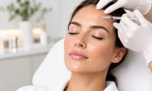 Woman receiving a neurotoxin treatment in Hammond, LA on her forehead in a professional Aisthetikos MedSpa.