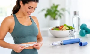 Woman measuring her waist alongside a semaglutide injection pen and healthy foods for GLP-1 weight loss in in Hammond, LA.